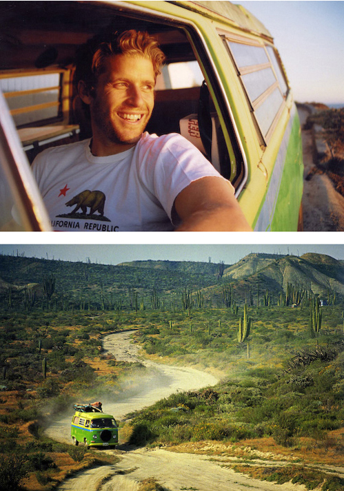  is a rusty but glowing chartreuse 1972 VW camper van 