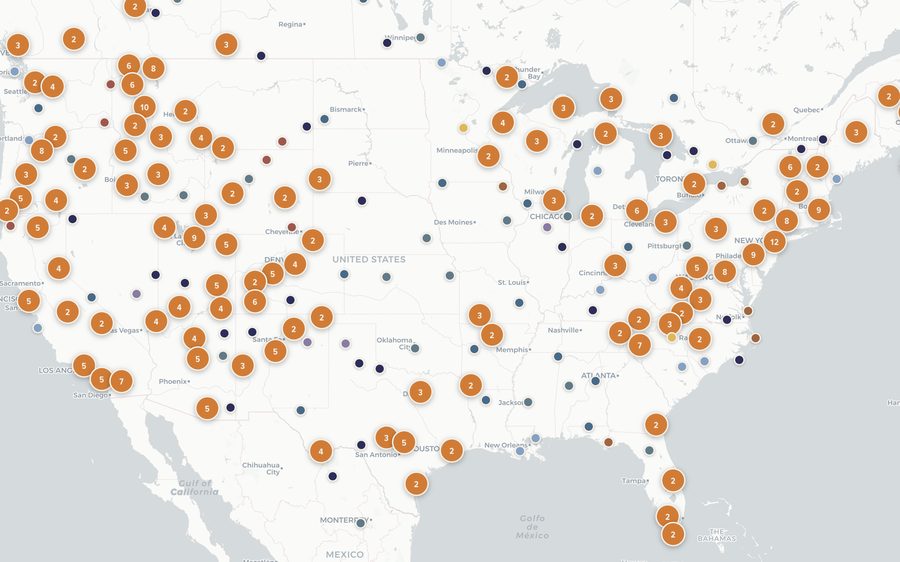 The Adventure Journal map — features and events pinned across North America