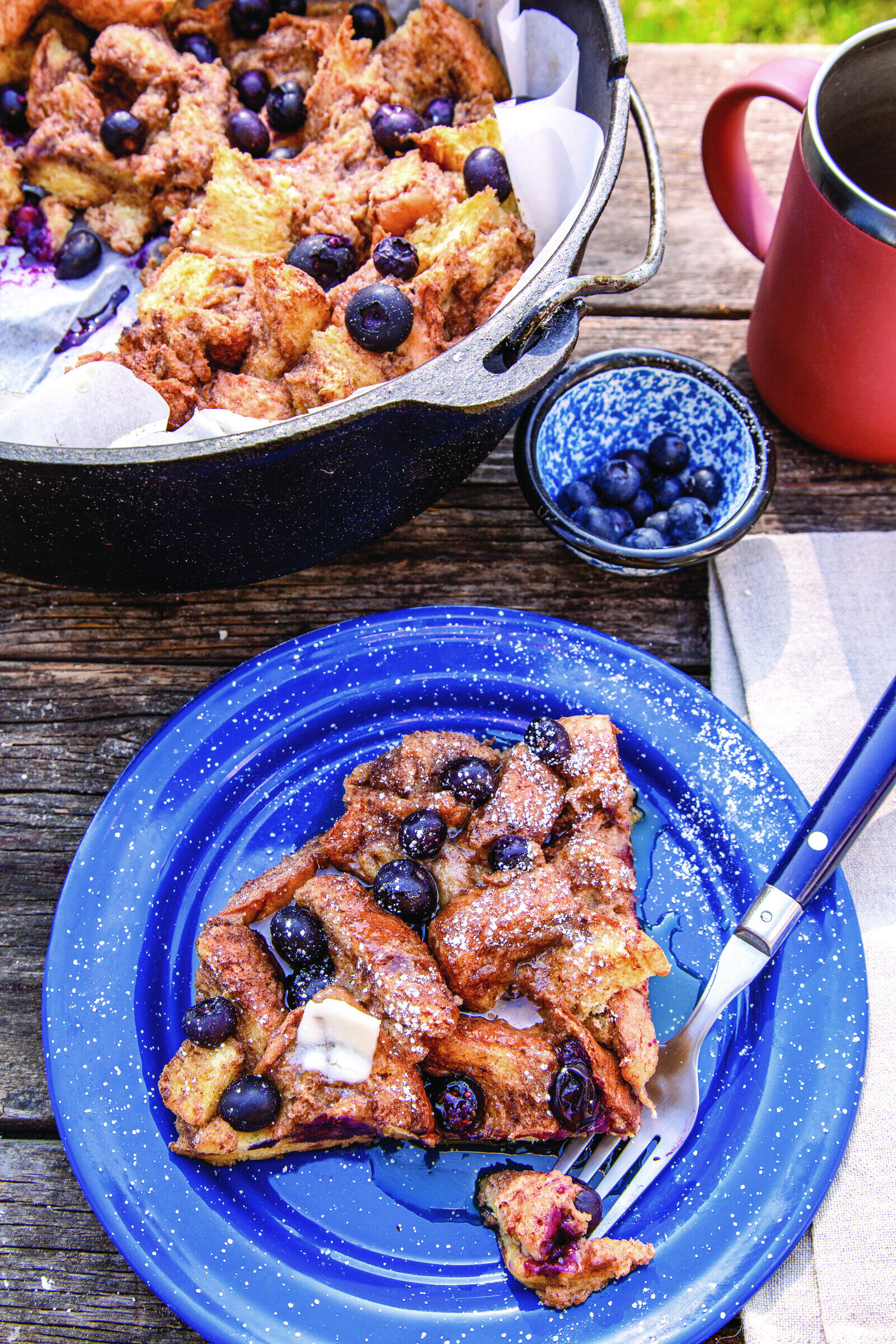 Blueberry French Toast Bake on a blue plate