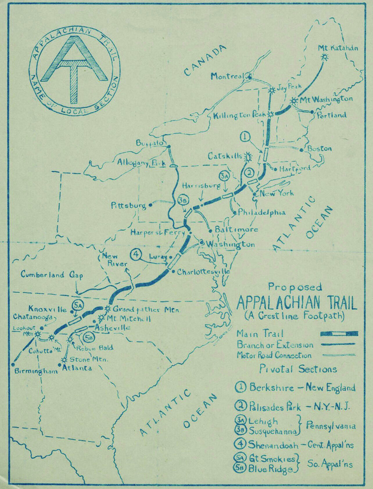 Benton MacKaye's hand-drawn map of the Appalachian Trail, 1925