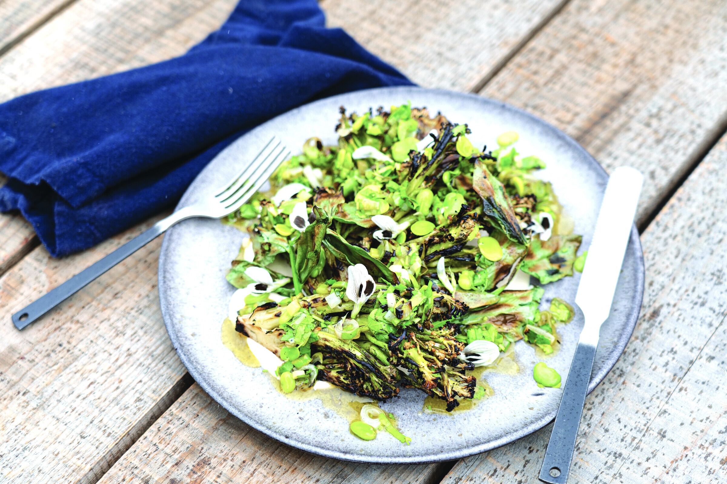 Cauliflower Wedges With Fava Beans and Green Allium Relish