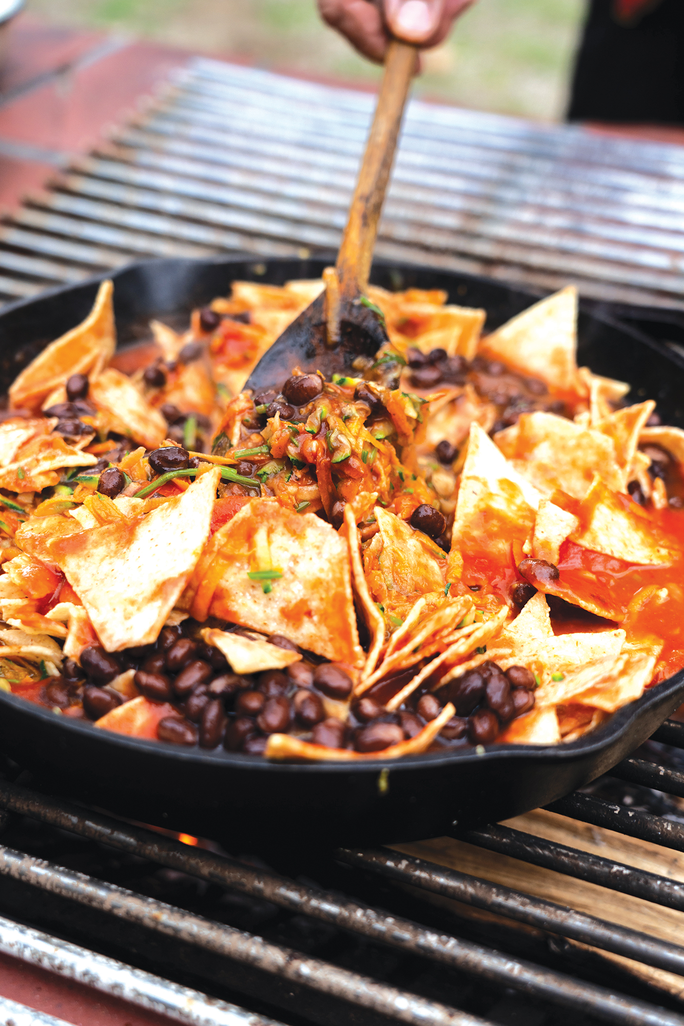Black Bean Sweet Potato Chilaquiles in a cast-iron skillet