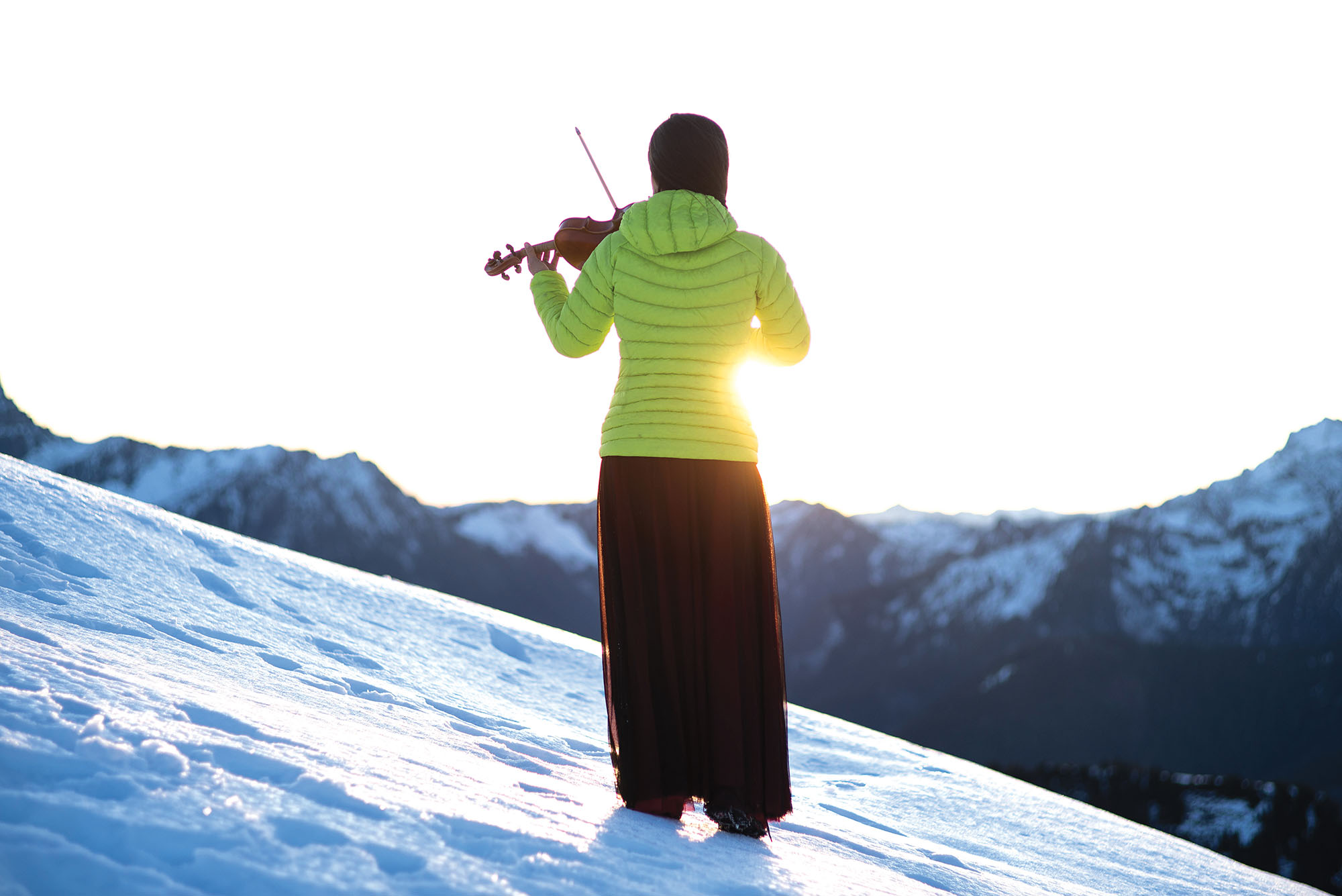 Playing violin at sunrise in the Cascades