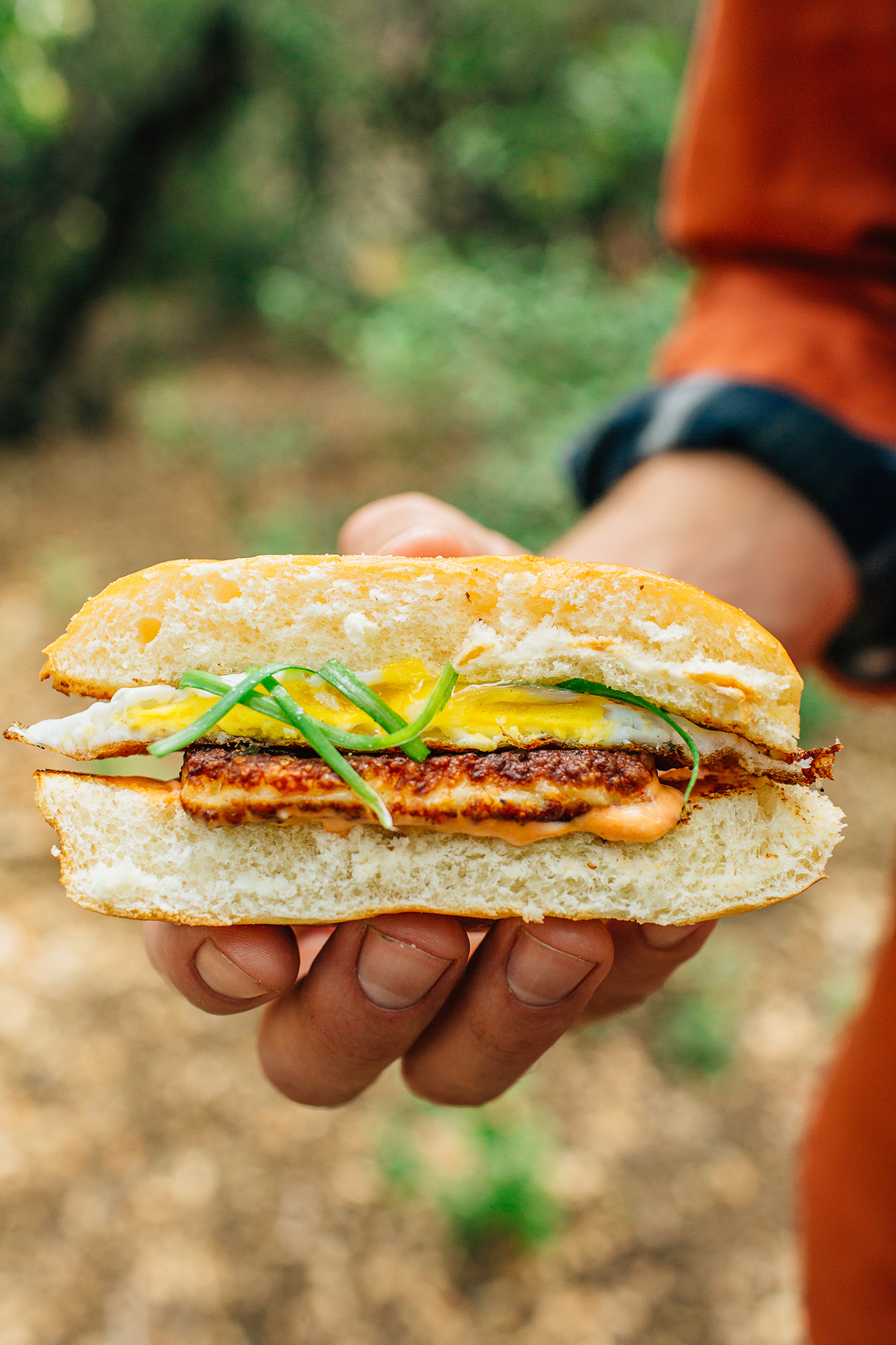 Halloumi Breakfast Sandwich on a camp table