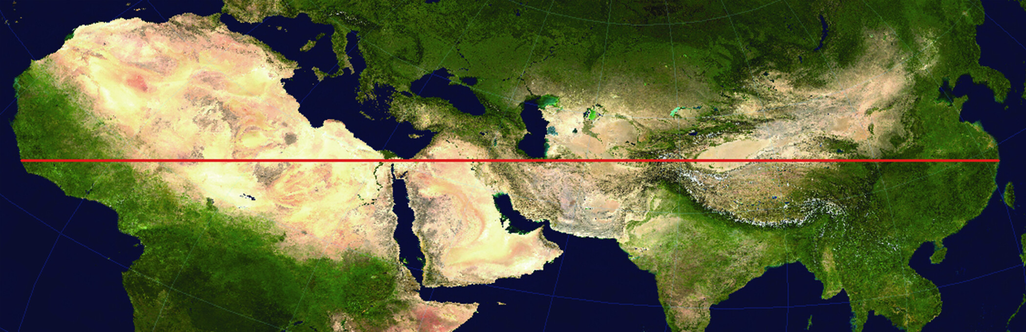 Satellite map showing the longest straight-line overland route from Liberia to China